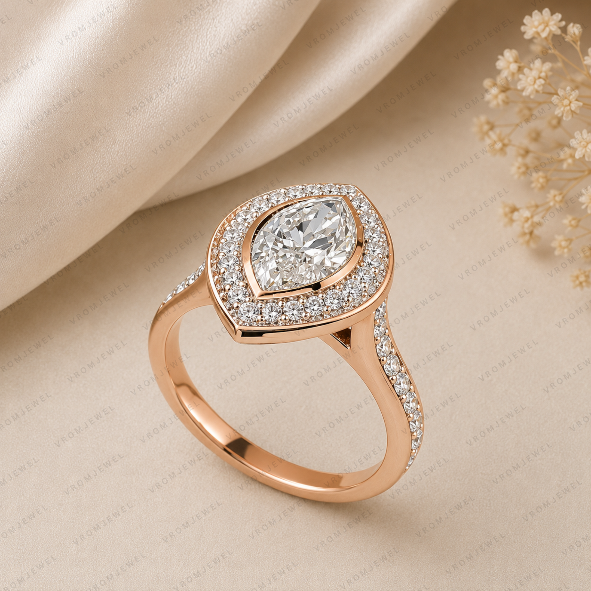 Elegant Marquise Lab Grown Diamond Bezel Set Halo Engagement Ring