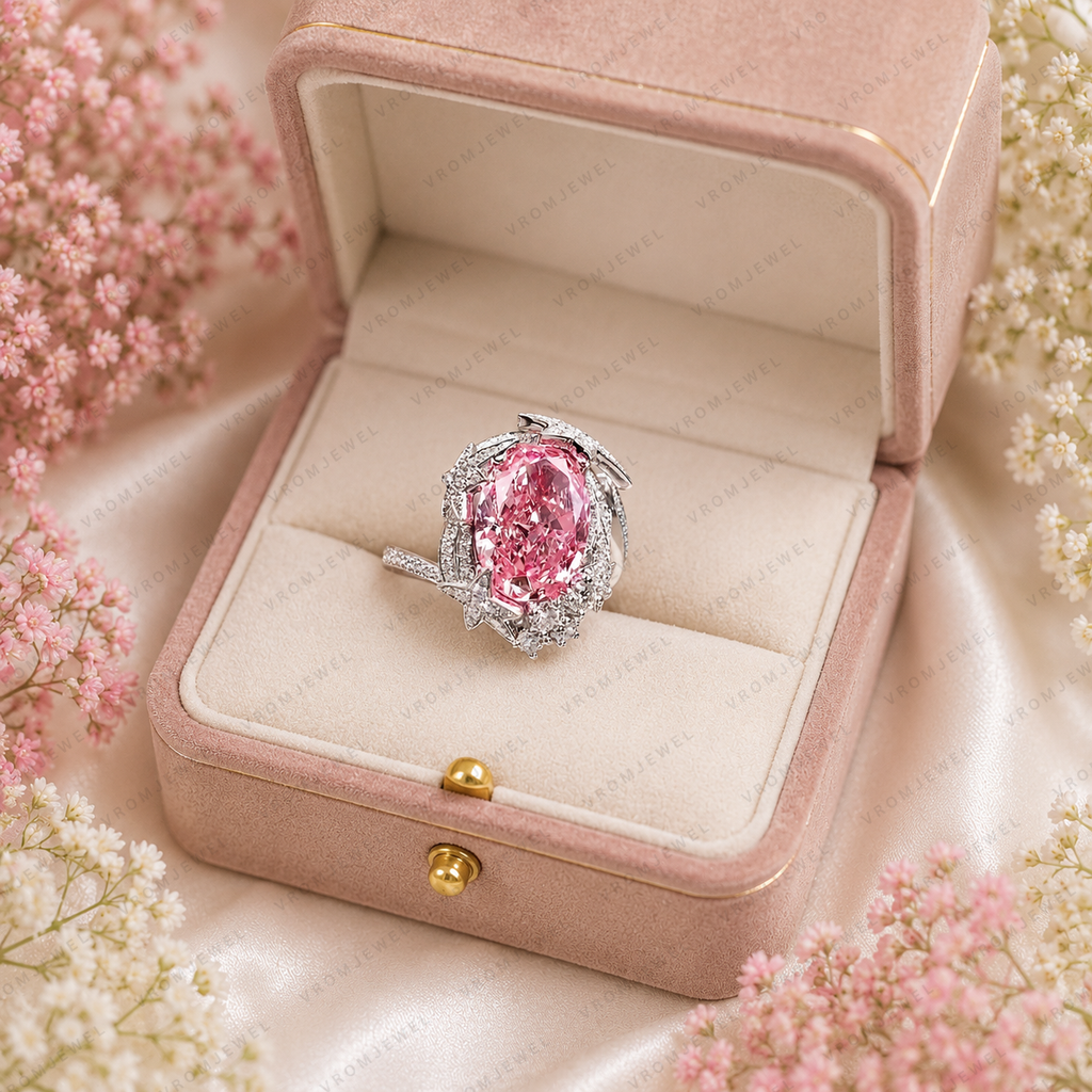 Pink Oval Lab Grown Diamond Engagement Ring, 2.50 Carat Pink Diamond Ring, Floral Halo Ring, Diamond Accent Band, Statement Ring, 10K 14K