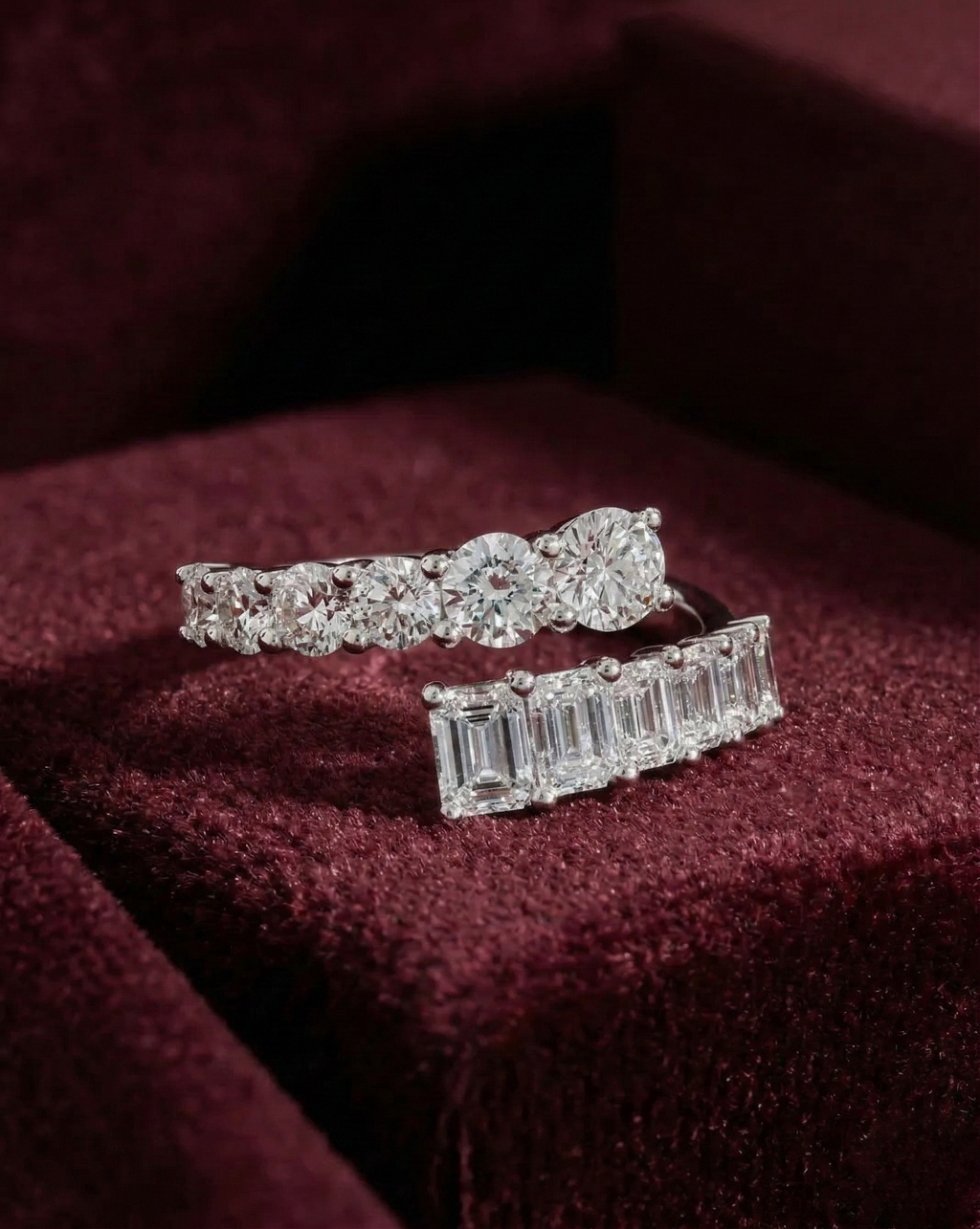 Graduated Round & Emerald Lab Grown Diamond Twist Ring, Bypass Diamond Ring, 2.20 Carat Diamond Statement Ring, Unique Engagement Ring