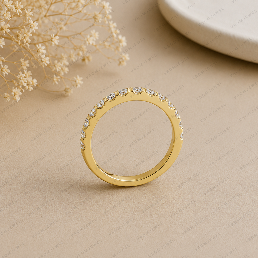 Round Lab Grown Diamond Half Eternity Wedding Band in Solid 14K Gold