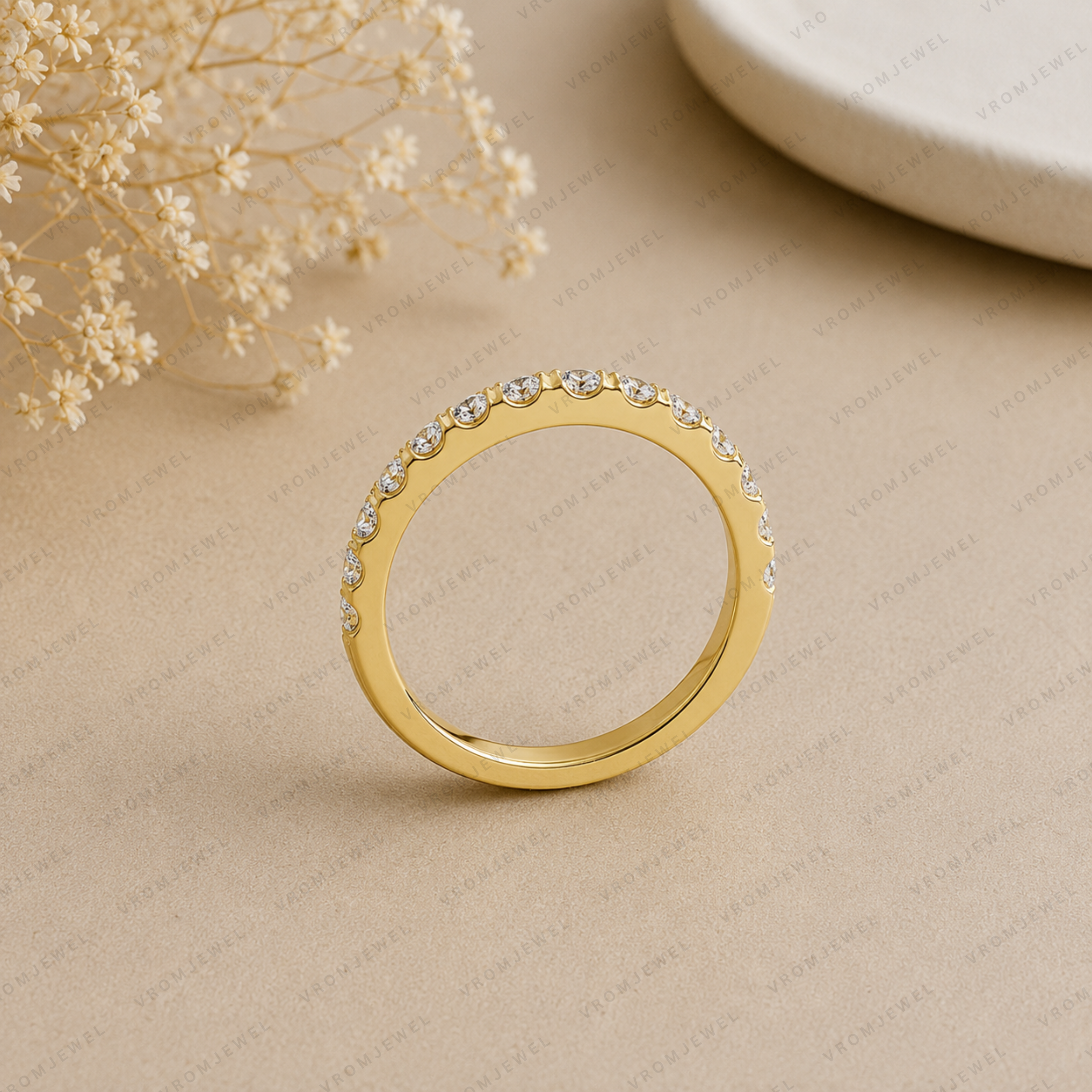 Round Lab Grown Diamond Half Eternity Wedding Band in Solid 14K Gold