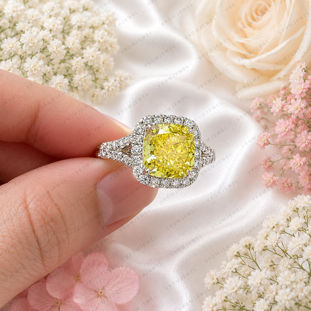 3.00 Carat Yellow Cushion Lab Grown Diamond Ring, Yellow Diamond Engagement Ring, Diamond Halo Ring, Pavé Band, Statement Ring, 10K 14K 18K