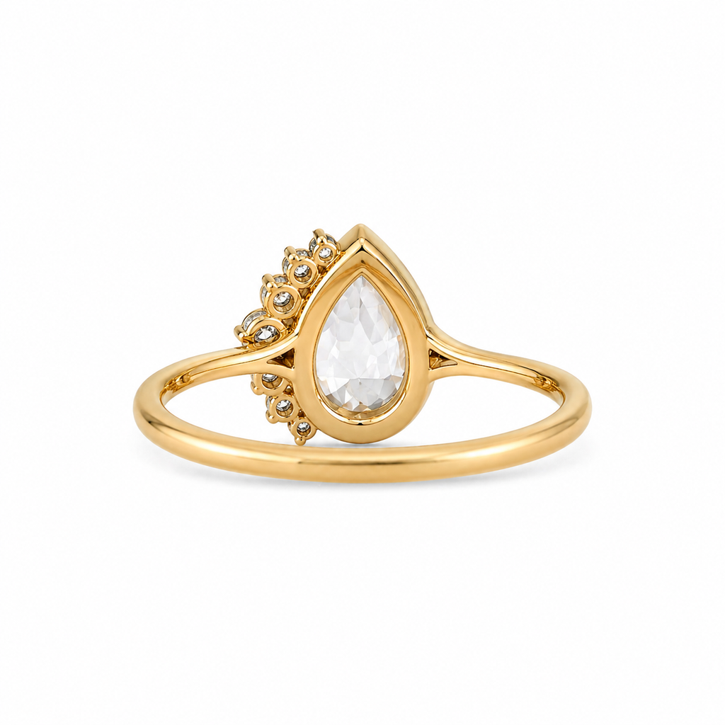 Pear Shape Rose Cut Lab Grown Diamond Ring | 1 CT | Nature Inspired Design | Bezel Setting with Graduated Accents | 14K Gold