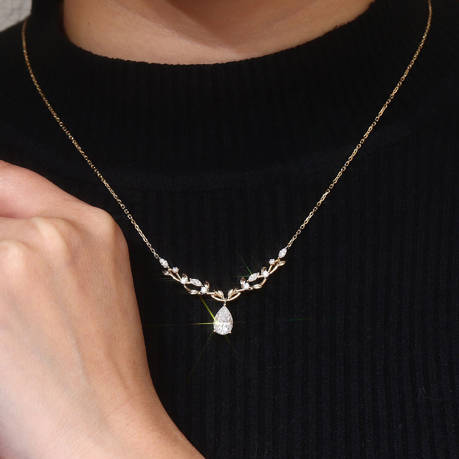 Leaf Branch Vine Pendant Necklace | Lab Grown Diamond | 14K Yellow Gold