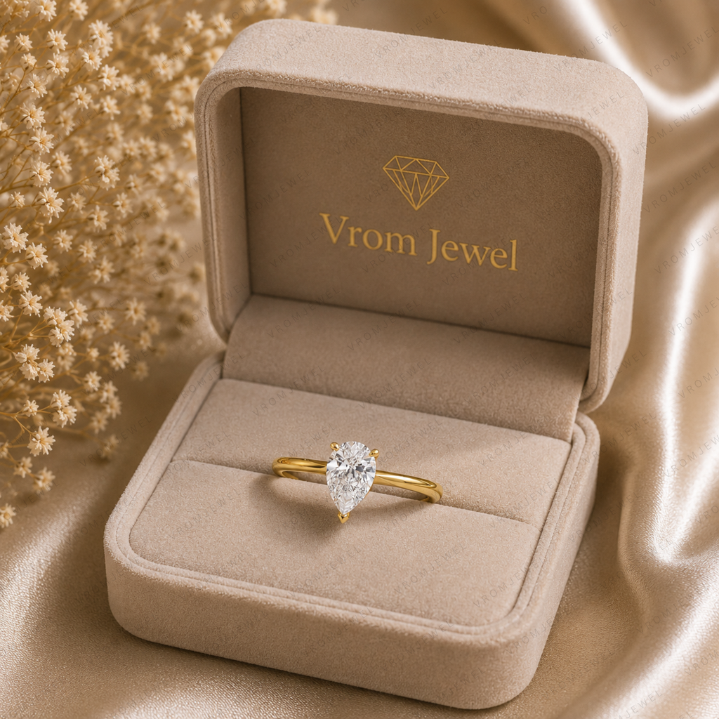 Pear Cut Lab Grown Diamond Solitaire Engagement Ring in Solid 14K Gold