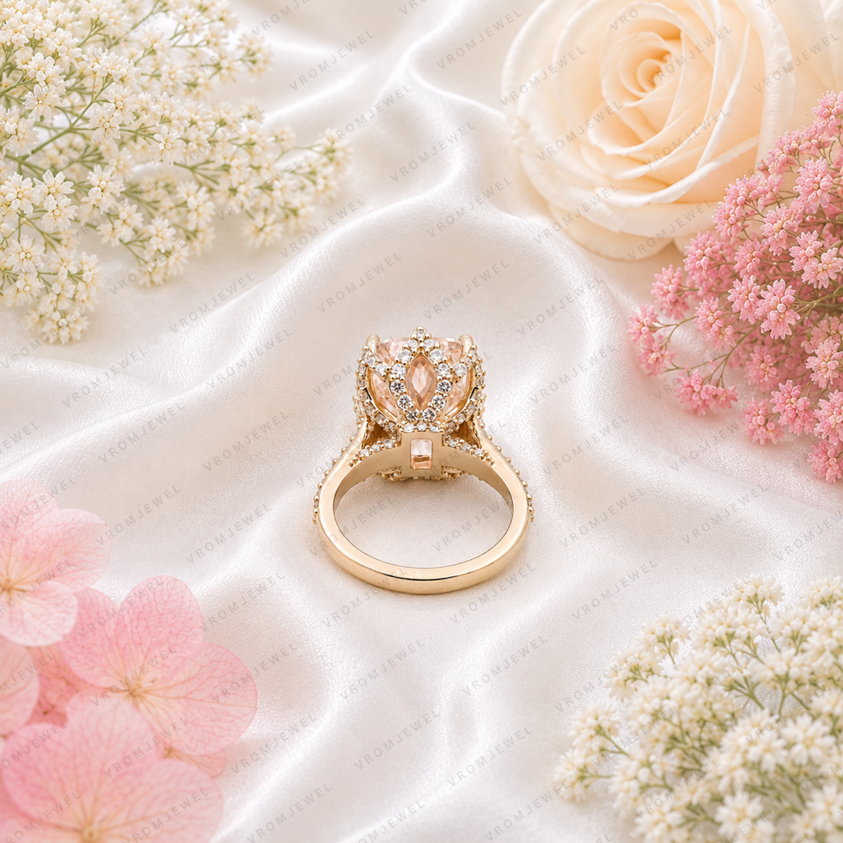 Pink Radiant Lab Grown Diamond Halo Engagement Ring, Pavé Diamond Band, Pink Diamond Ring, 10K 14K 18K Gold