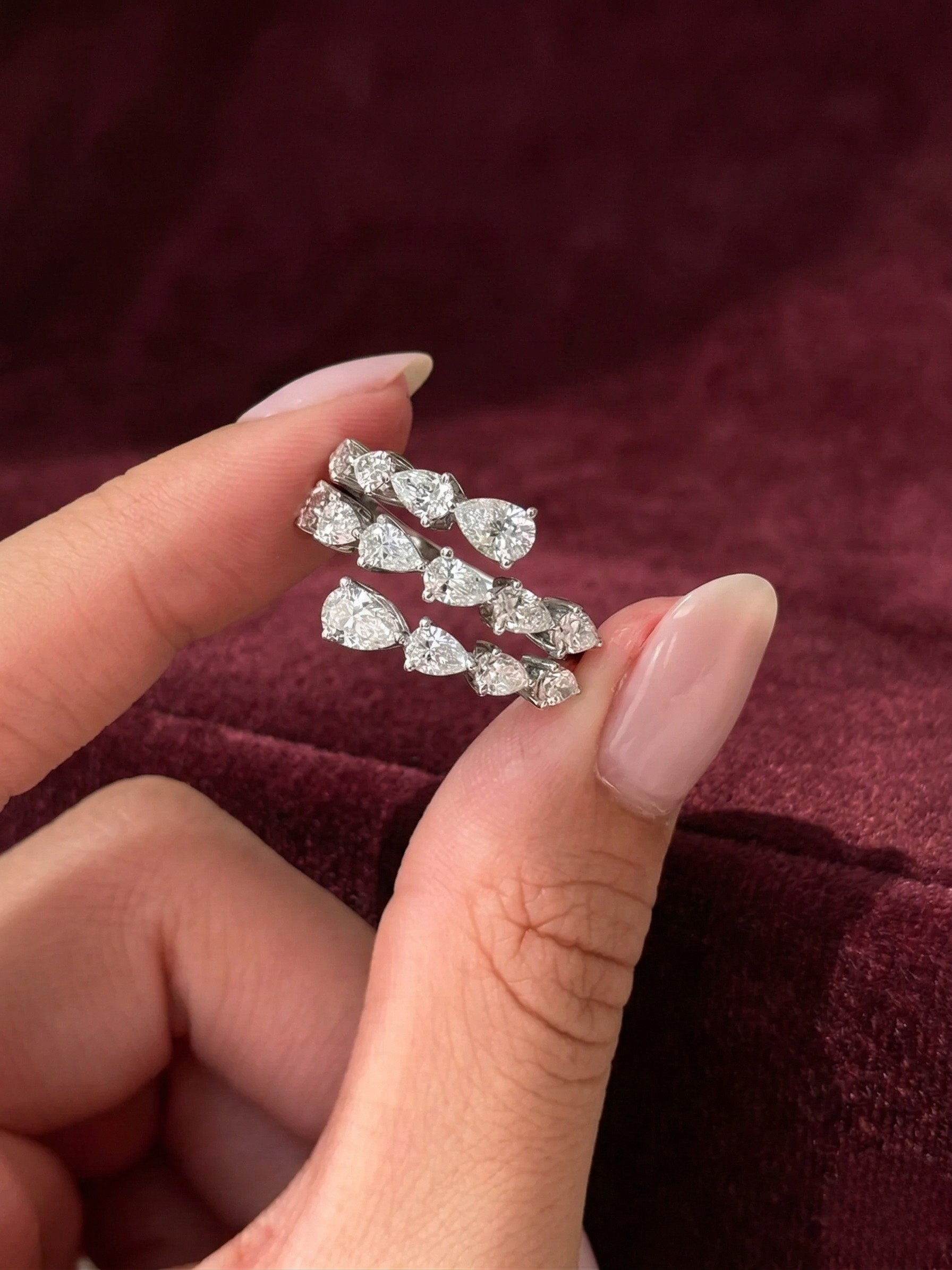 Triple Row Pear Lab Grown Diamond Ring, Pear Diamond Statement Ring, 2.28 Carat Pear Diamond Band, Unique Pear Diamond Anniversary Ring