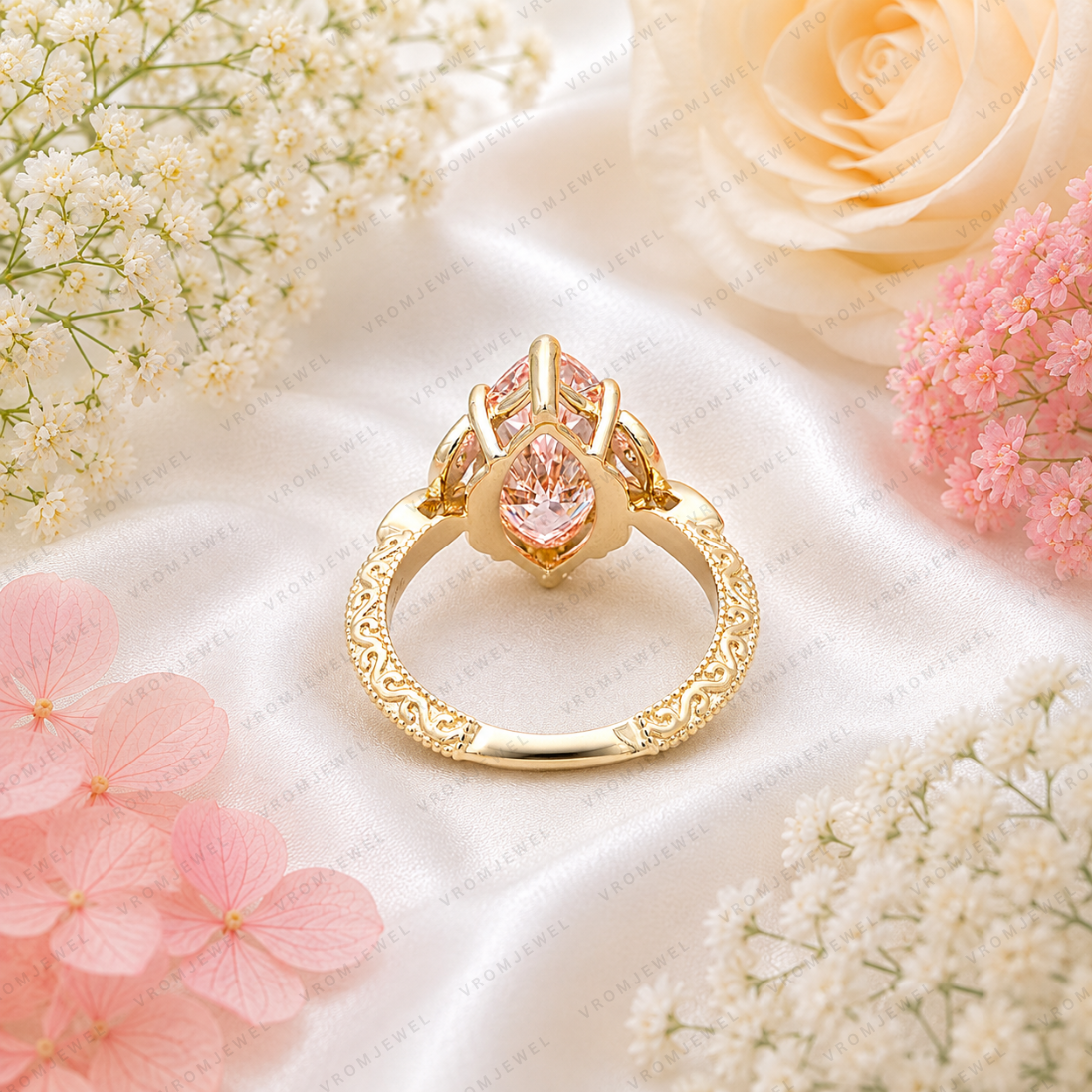 Pink Marquise Lab Grown Diamond Engagement Ring, Vintage Floral Halo Ring, Pavé Diamond Ring, 10K 14K 18K Gold