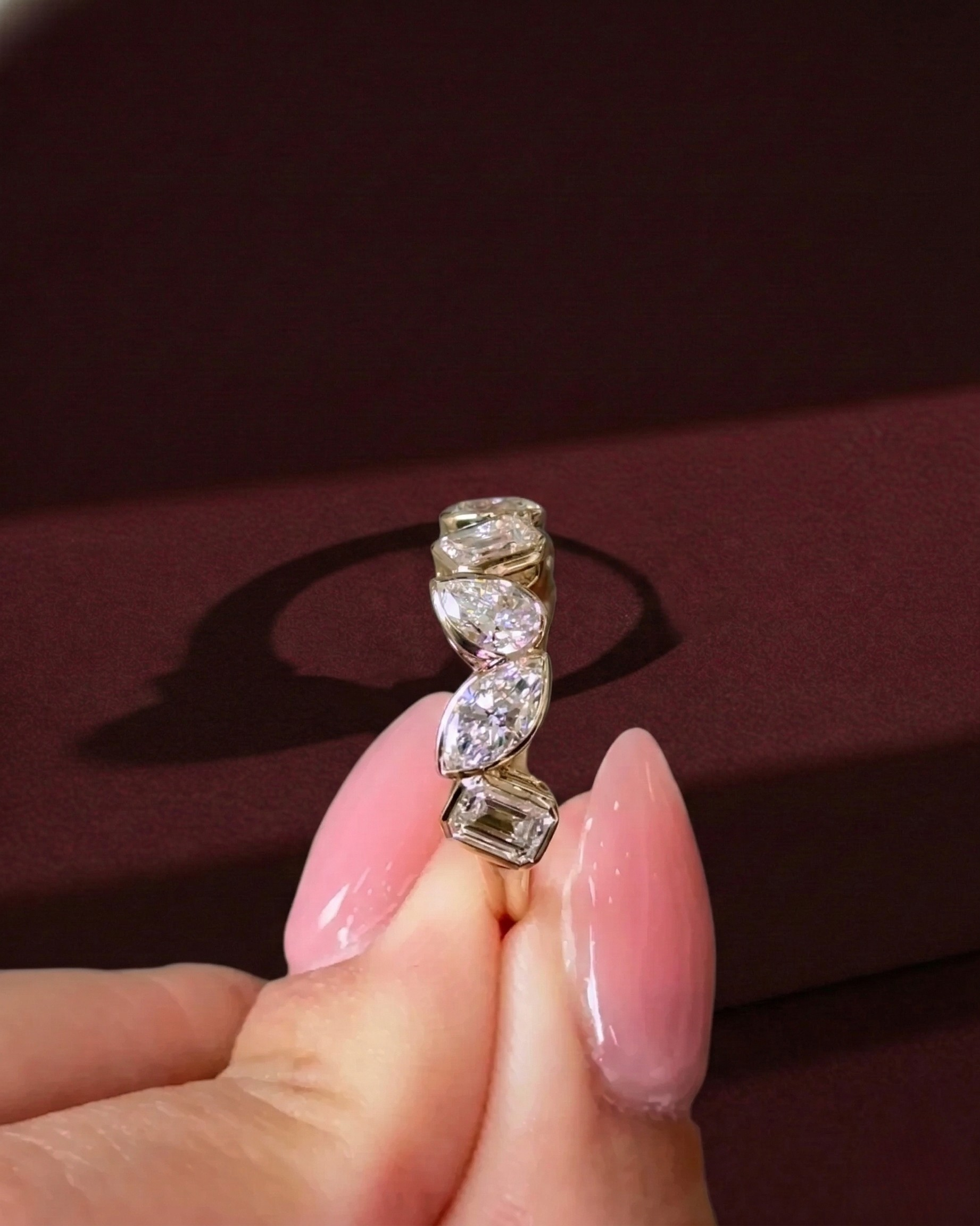 Multi Shape Diamond Half Eternity Band, Bezel Set Diamond Wedding Band, Mixed Shape Diamond Ring, Anniversary Stackable Band