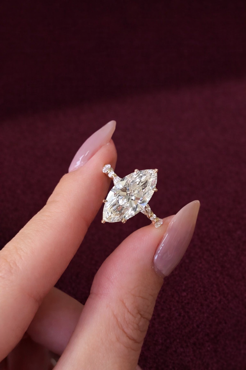 Marquise Diamond Engagement Ring, Marquise Cut Diamond Ring with Marquise & Round Side Stones, Unique Marquise Solitaire Engagement Ring