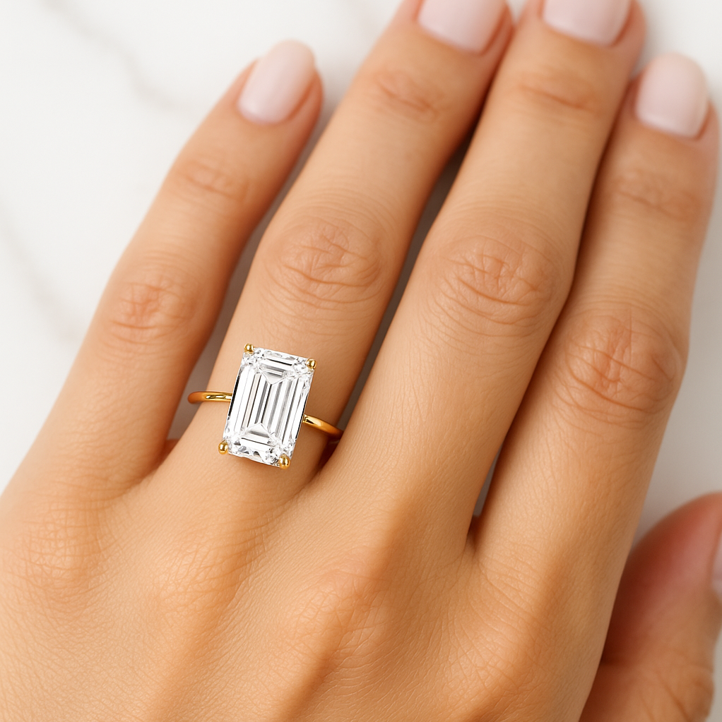 8CT Emerald Cut Modern Prong Set Ring | Lab Grown Diamond | 14K Yellow Gold