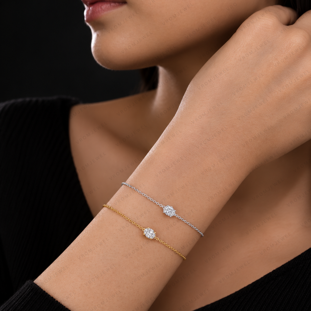 Minimalist Oval Lab Grown Diamond Solitaire Bracelet in Solid 14K Gold