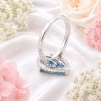 Blue Pear Shape Lab Grown Diamond Ring, 3 Carat Blue Diamond Engagement Ring, Pear Cut Halo Ring, Pavé Diamond Band, Blue Bridal Ring