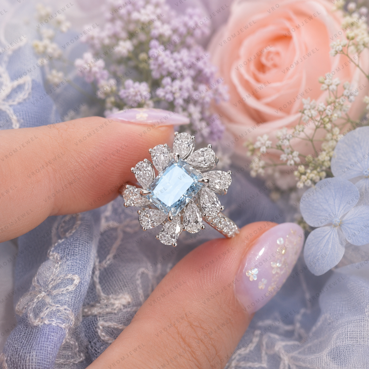 Blue Radiant Lab Grown Diamond Engagement Ring, 1.50 Carat Blue Diamond Ring, Pear Shape Diamond Halo, Floral Engagement Ring, 10K 14K 18K
