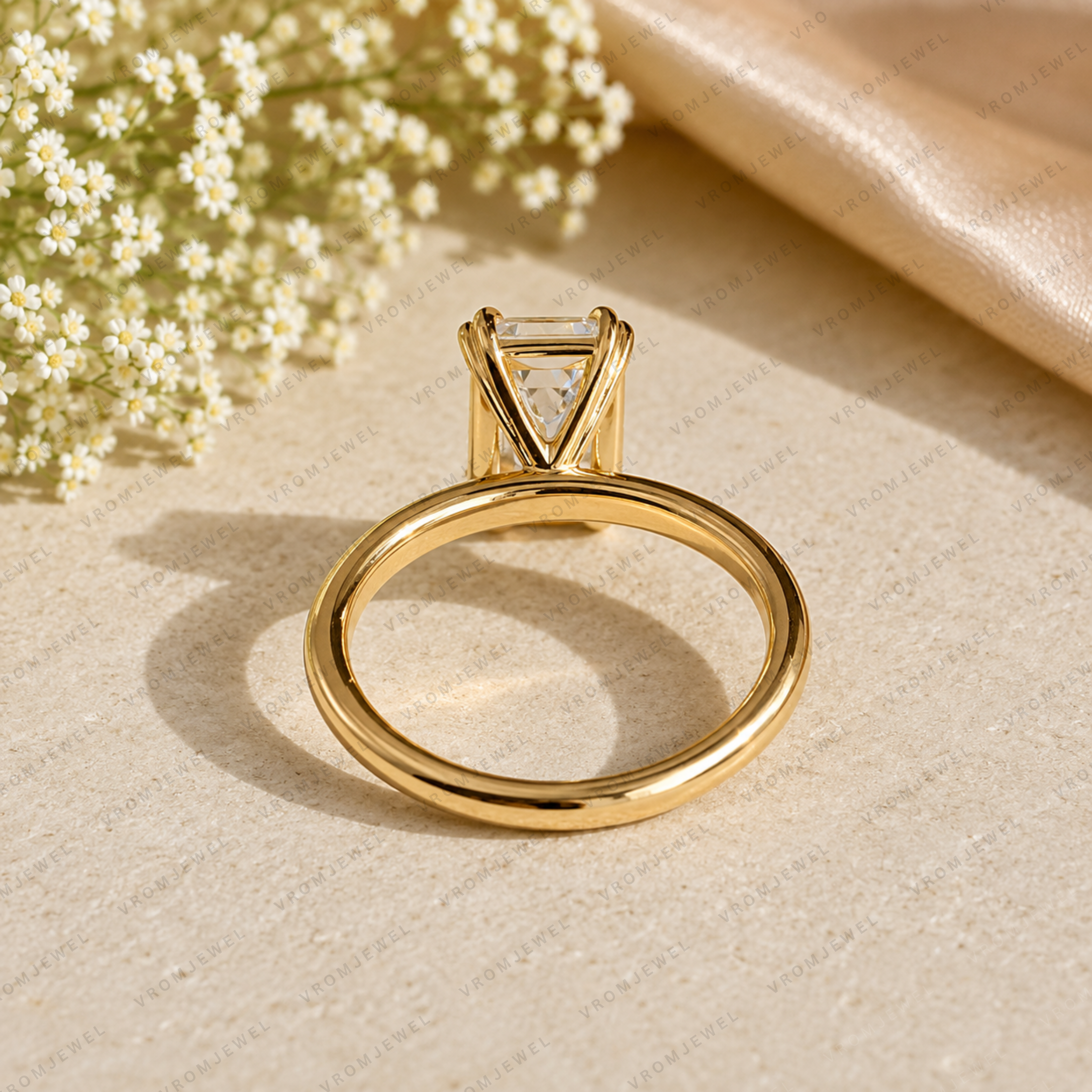 Emerald Cut Lab Grown Diamond Multi Prong Solitaire Ring in Solid 14K Gold