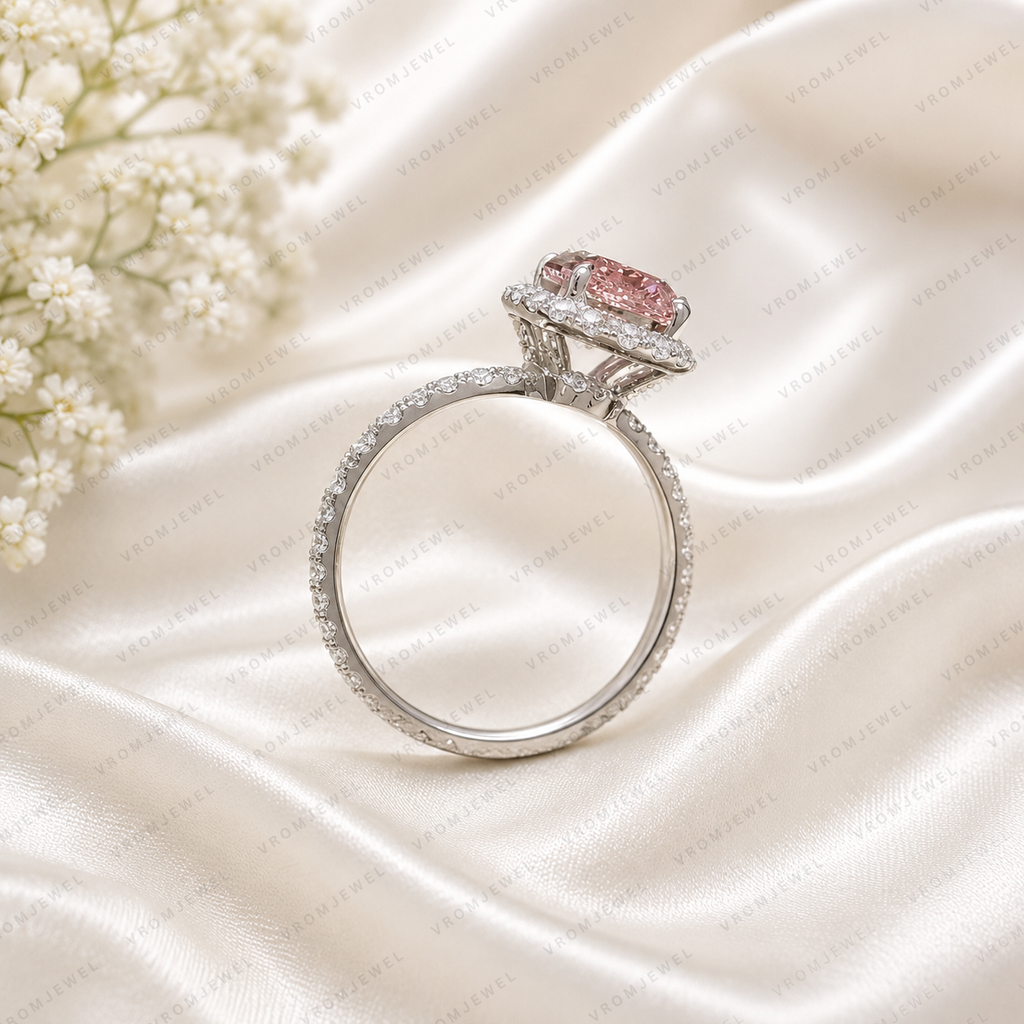 Pink Oval Lab Grown Diamond Engagement Ring, 2.50 Carat Pink Diamond Ring, Oval Halo Ring, Pave Diamond Band, Vintage Inspired Ring, 10K 14K