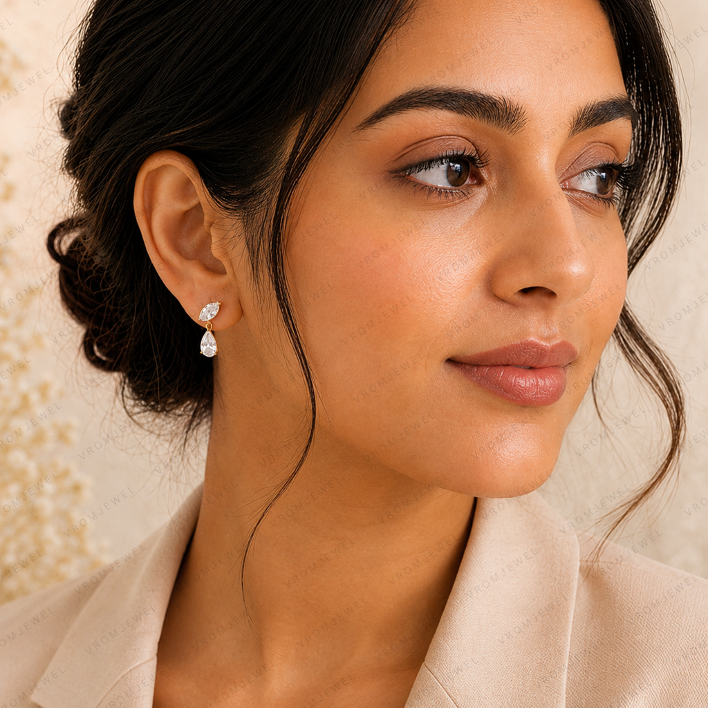 Marquise & Pear Cut Lab Grown Diamond Two Stone Earrings in Solid 14K Gold