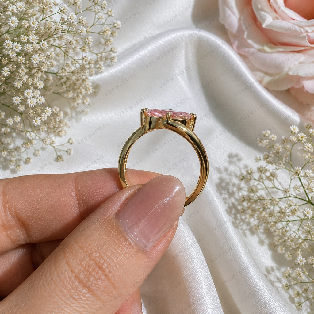 Pink Marquise Lab Grown Diamond Engagement Ring, 1.30 Carat Pink Diamond Ring, Minimalist Solitaire Ring, Unique Curved Setting, 10K 14K