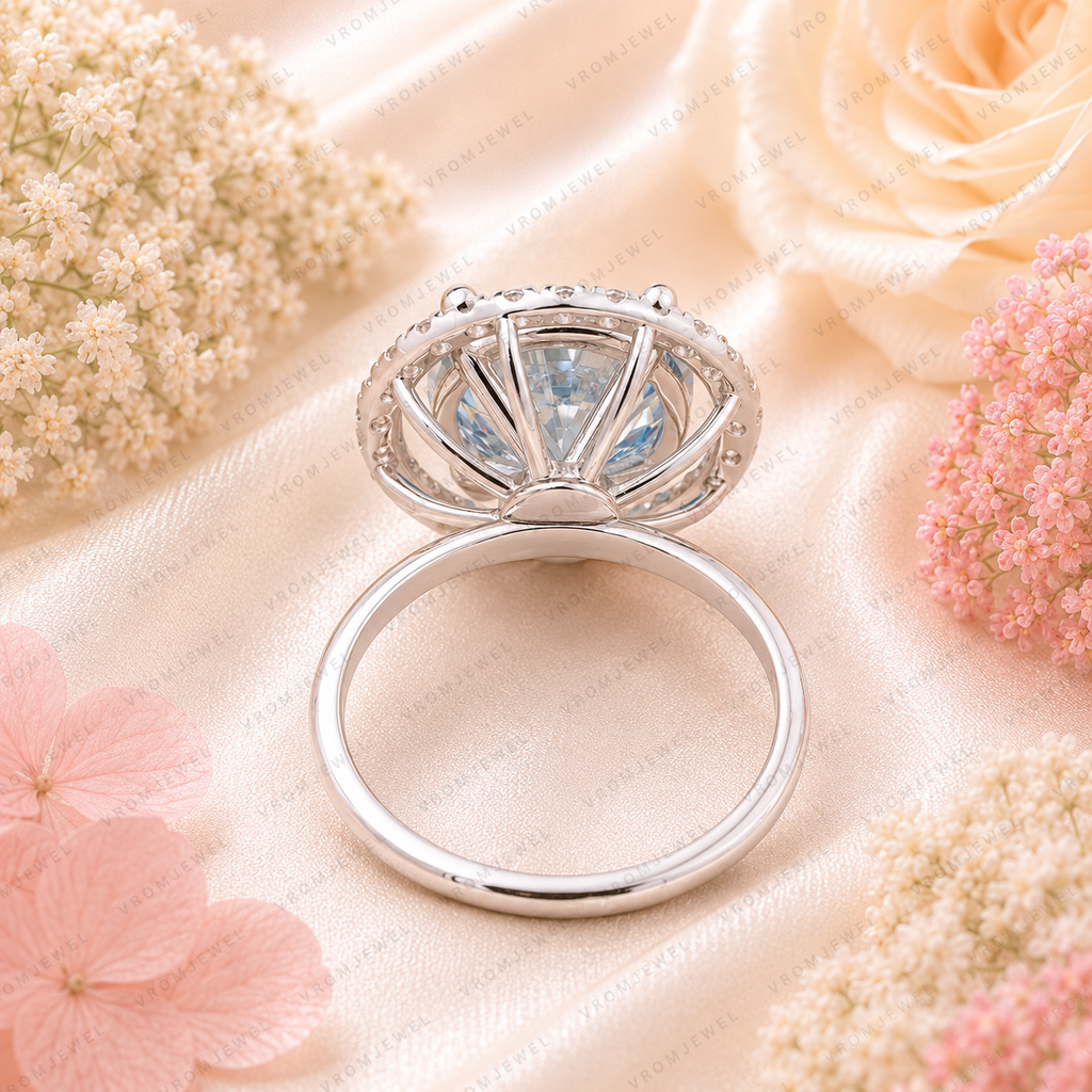 Blue Round Lab Grown Diamond Ring, 5 Carat Blue Diamond Engagement Ring, Round Cut Halo Ring, Pavé Diamond Halo, Unique Statement Ring