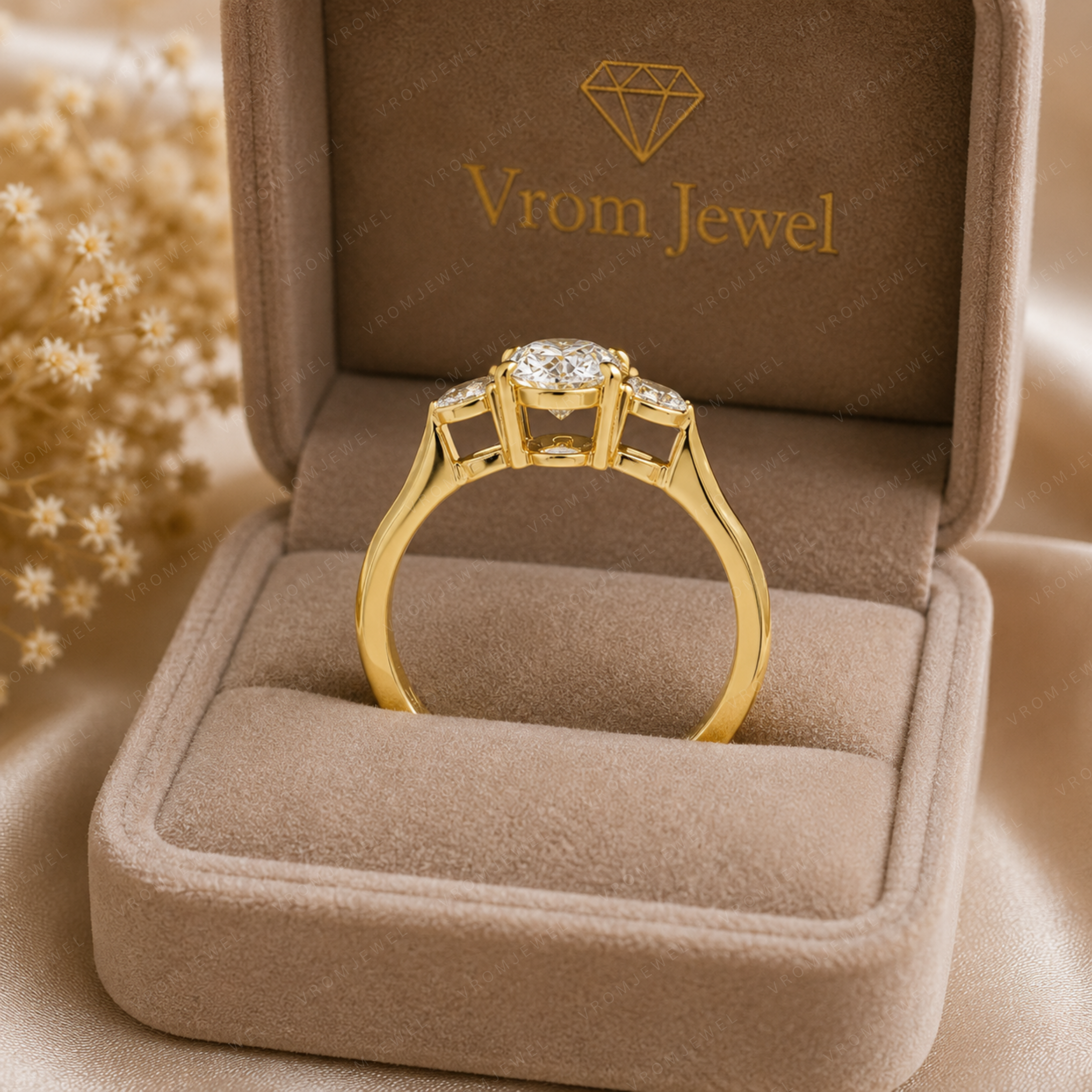 Oval Lab Grown Diamond Engagement Ring with Pear Side Stones in Solid 14K Gold
