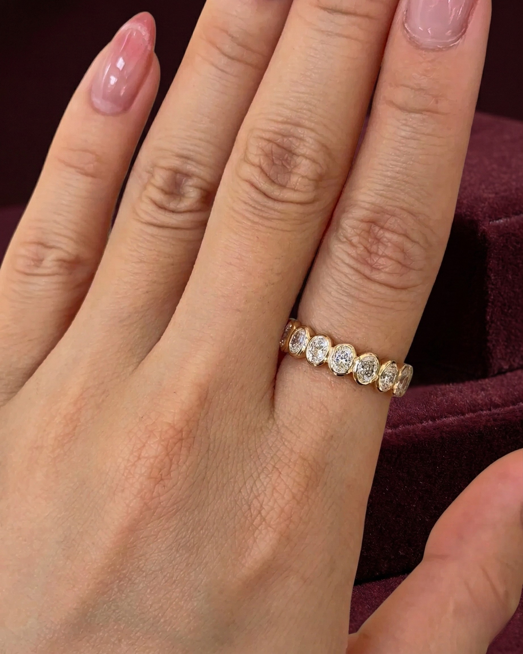 Oval Diamond Half Eternity Band, Bezel Set Oval Diamond Wedding Band, Oval Diamond Anniversary Ring, Minimalist Diamond Stackable Ring.