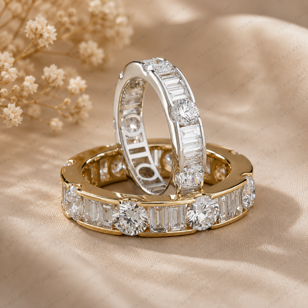 Lab Grown Diamond Eternity Band: 14K Gold Alternating Round & Baguette Anniversary Ring