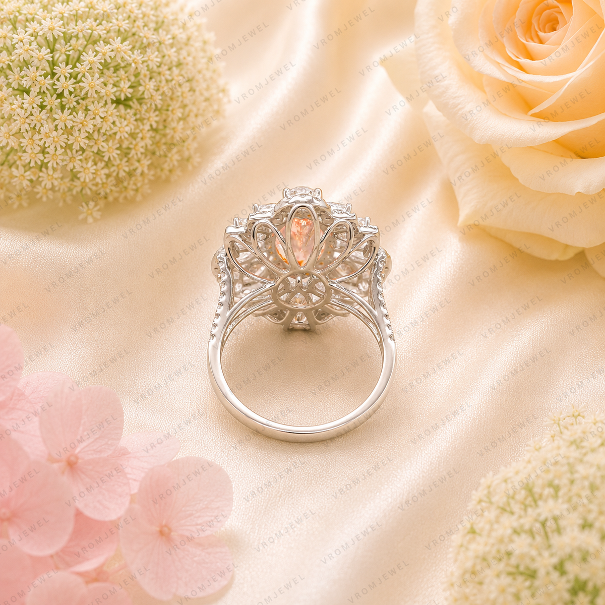 Pink Marquise Lab Grown Diamond Engagement Ring, Floral Halo Ring, Pear Shape Diamond Accents, Pink Diamond Ring, 10K 14K 18K Gold