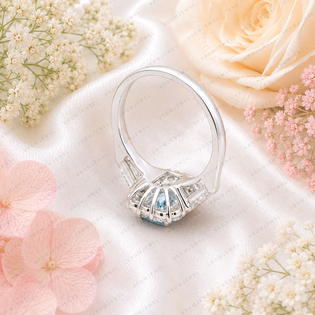 Blue Radiant Cut Lab Grown Diamond Ring, 2 Carat Blue Diamond Engagement Ring, Halo Ring, Baguette Side Stones, Statement Ring, 10K 14K 18K