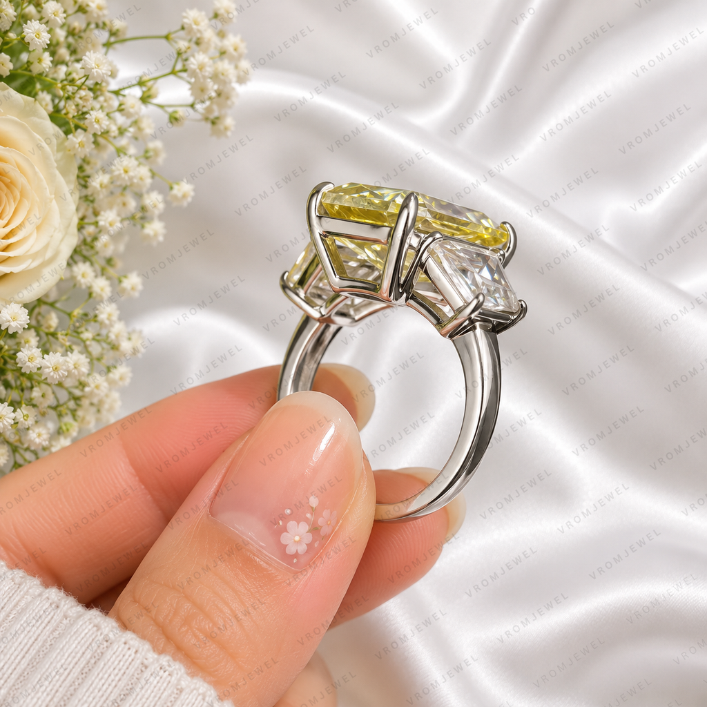 10.00 Carat Yellow Radiant Lab Grown Diamond Ring, Yellow Diamond Engagement Ring, Baguette Side Stones, Art Deco Ring, 10K 14K 18K Gold