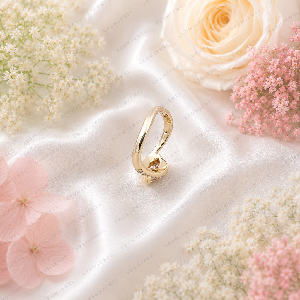 Pink Marquise Lab Grown Diamond Engagement Ring, Minimalist Crossover Ring, Pavé Diamond Band, Dainty Wedding Ring, 10K 14K 18K Gold