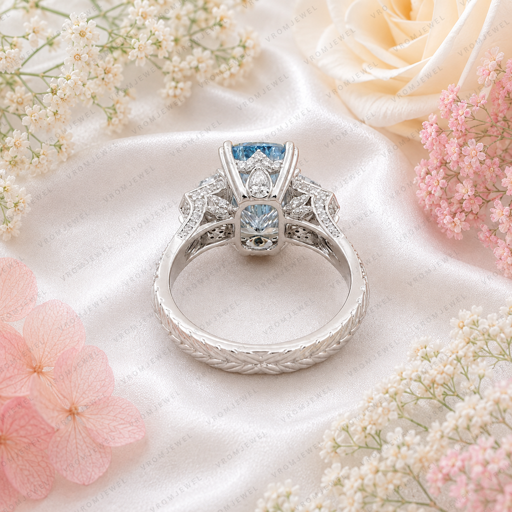 Blue Criss Cut Lab Grown Diamond Engagement Ring, 5 Carat Blue Diamond Ring, Criss Cut Statement Ring, Baguette Side Stones, Pavé Band