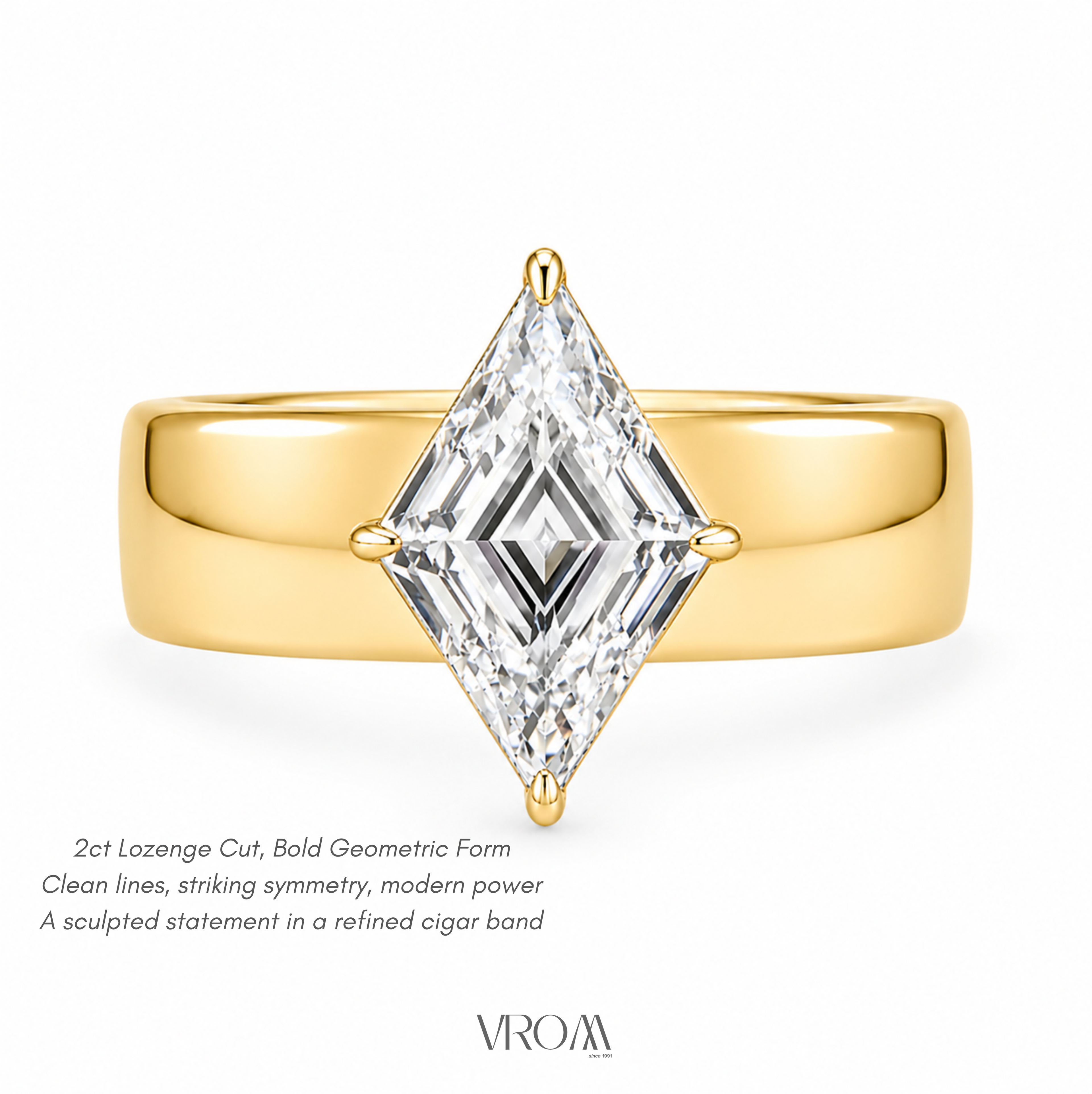 Lozenge Shape Lab Grown Diamond Ring | 2 CT | Bold Cigar Band | Geometric Engagement Ring | 14K Gold