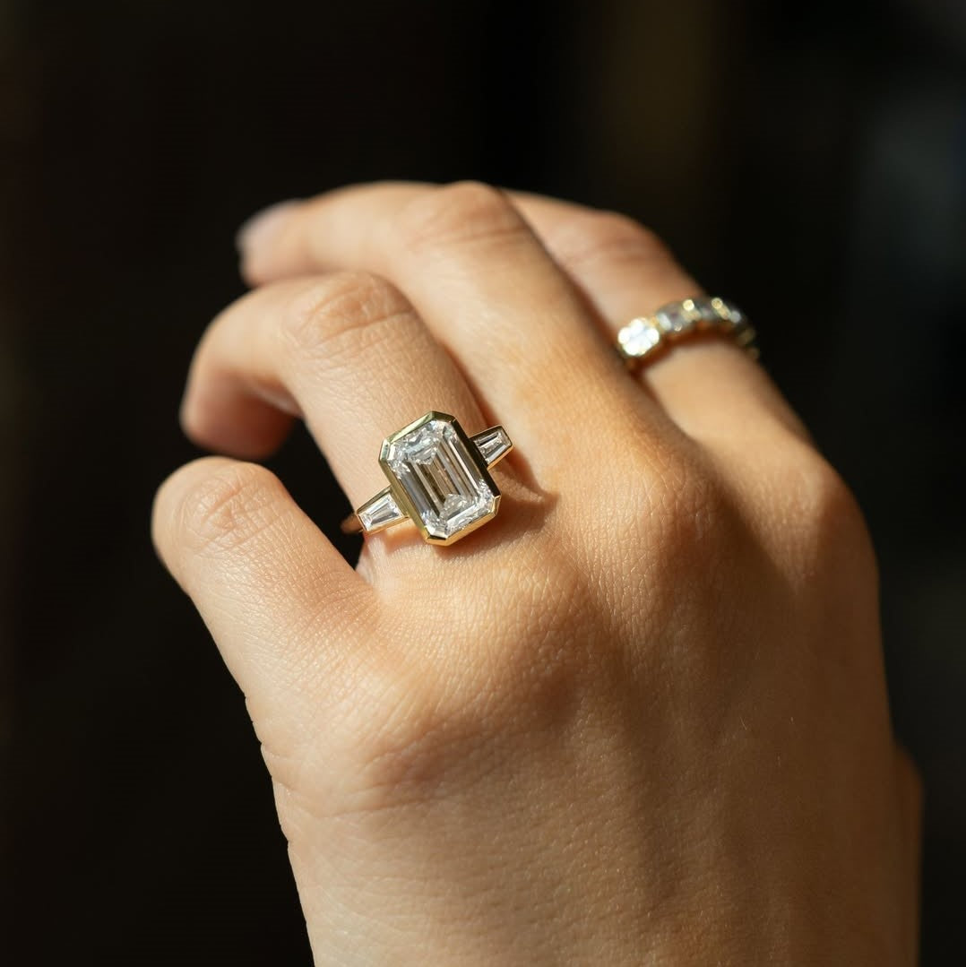 Modern Emerald and Tapered Baguette 3 Stone Bezel Engagement Ring | Lab Grown Diamond | 14K Yellow Gold