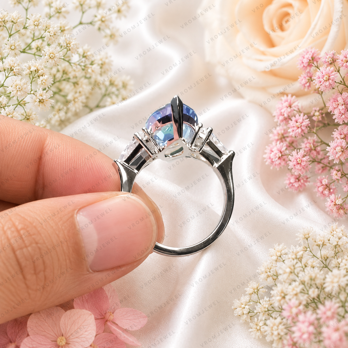 8 Carat Blue Marquise Lab Grown Diamond Ring, Blue Diamond Engagement Ring, Pear Shape Diamond Accents, Unique Statement Ring, 10K 14K 18K