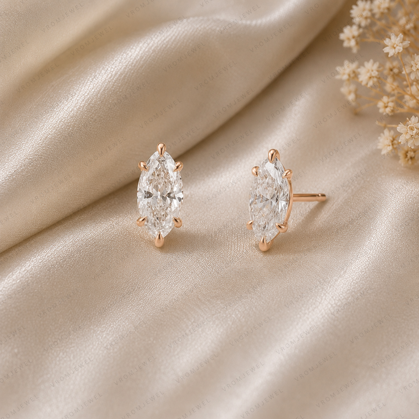 Marquise Lab Grown Diamond Stud Earrings in Solid 14K Gold for Women