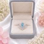 Blue Pear Shape Lab Grown Diamond Ring, 0.80 Ct Blue Diamond Engagement Ring, Marquise & Round Diamond Accents, Halo Ring, Unique BridalRing