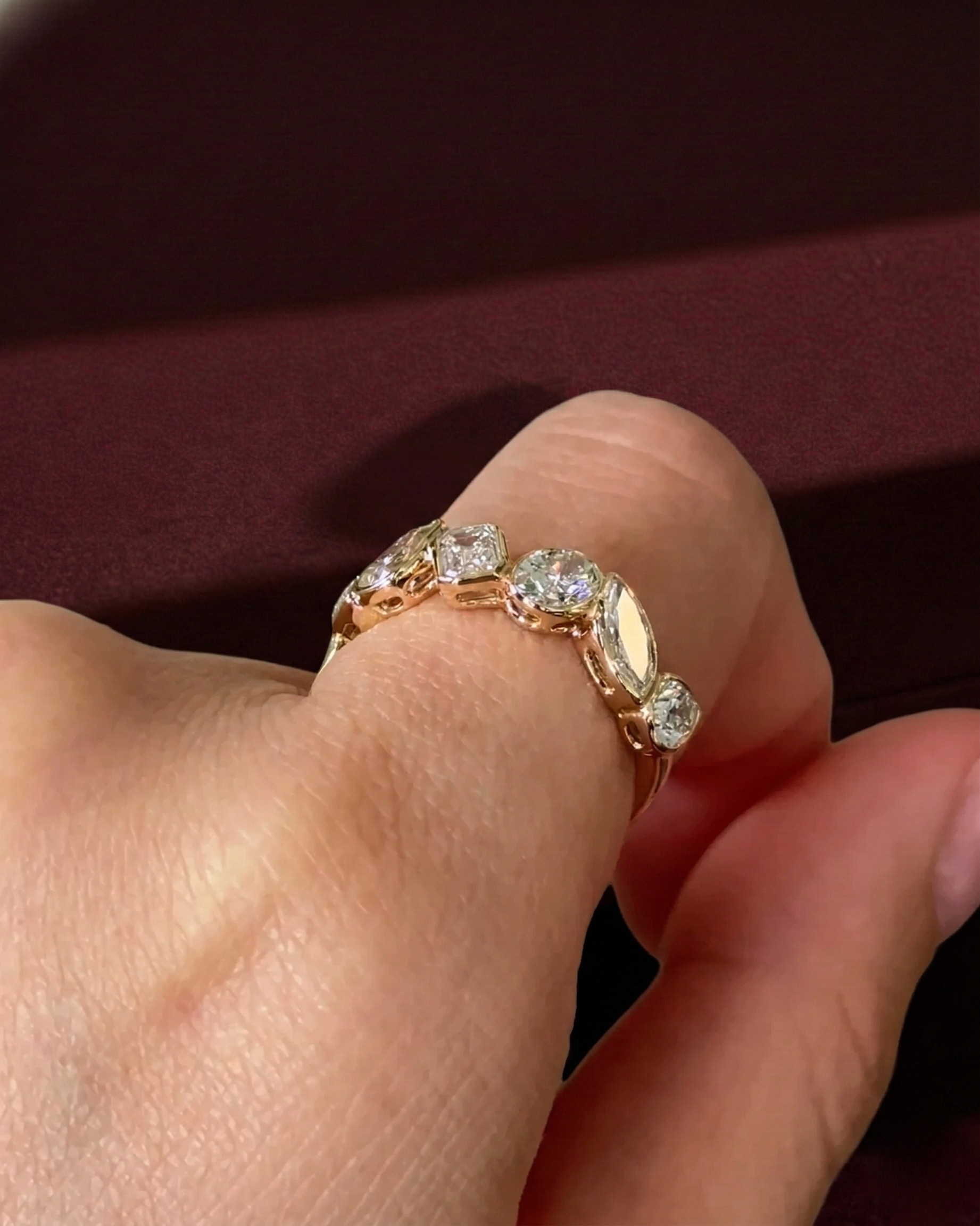 Multi Shape Diamond Half Eternity Band, Bezel Set Diamond Wedding Band, Mixed Shape Diamond Ring, Anniversary Stackable Band