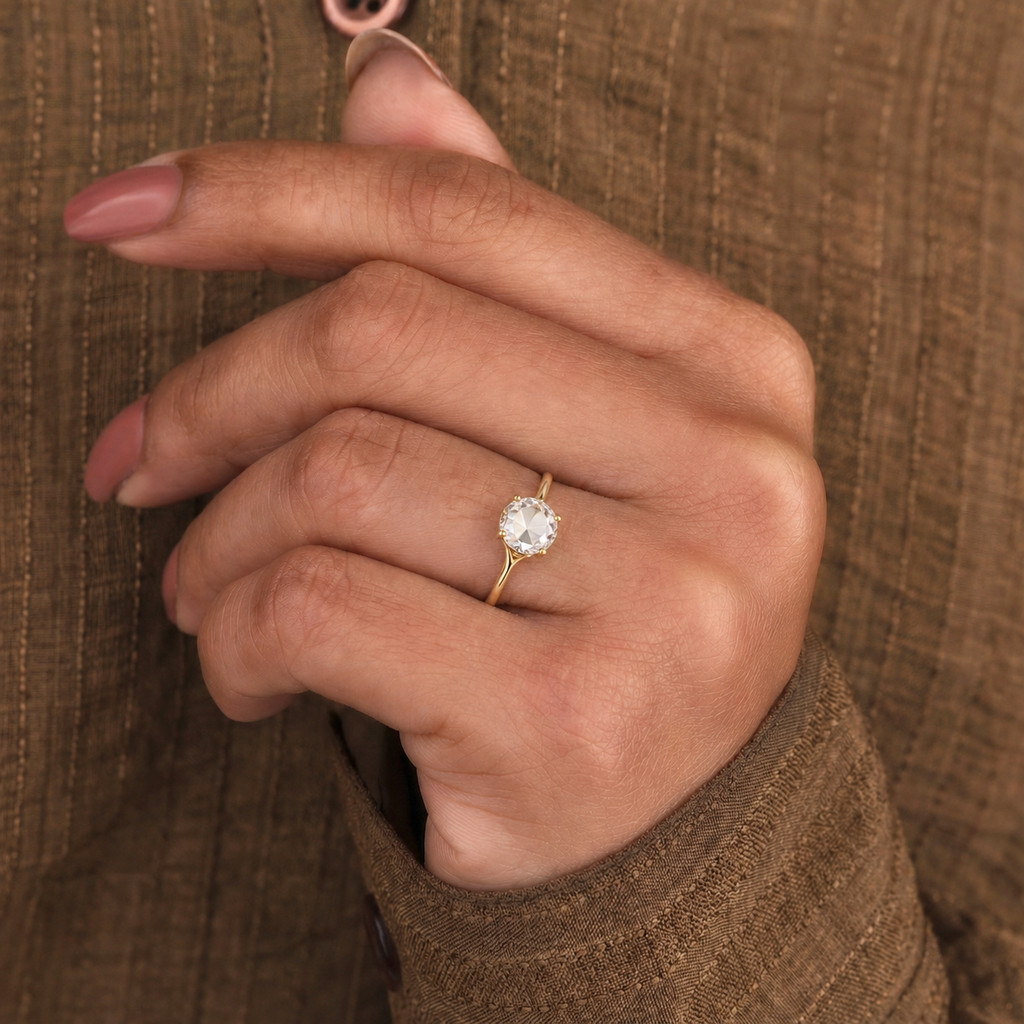 Rose Cut Lab Grown Diamond Minimalist Ring | 1 CT | Tapered Thin Band | Elegant Solitaire Ring | 14k Solid Gold