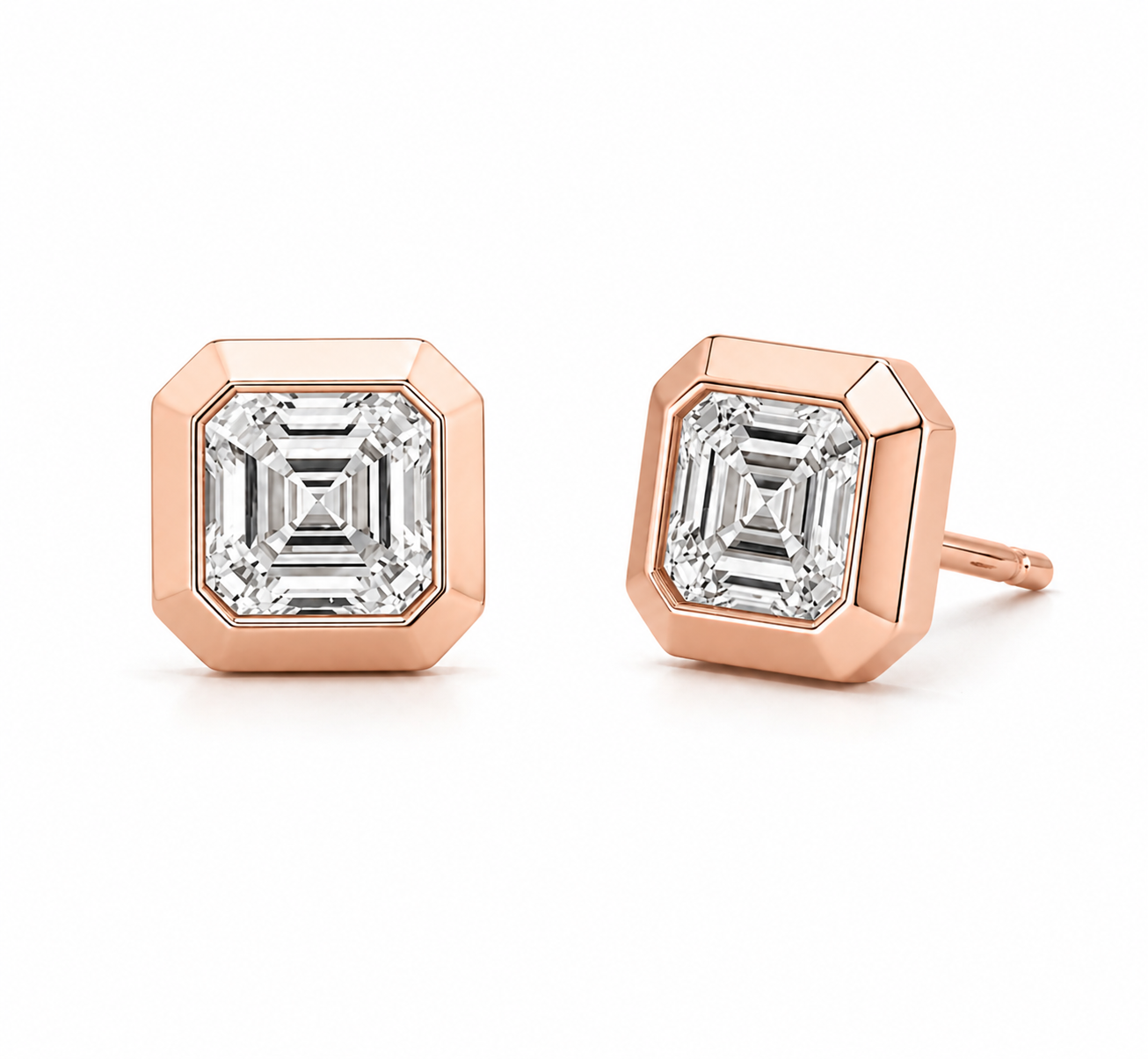 Asscher Cut Lab Grown Diamond Stud Earrings | 2 CTW | Bezel Set | Modern Geometric Studs | 14K Gold
