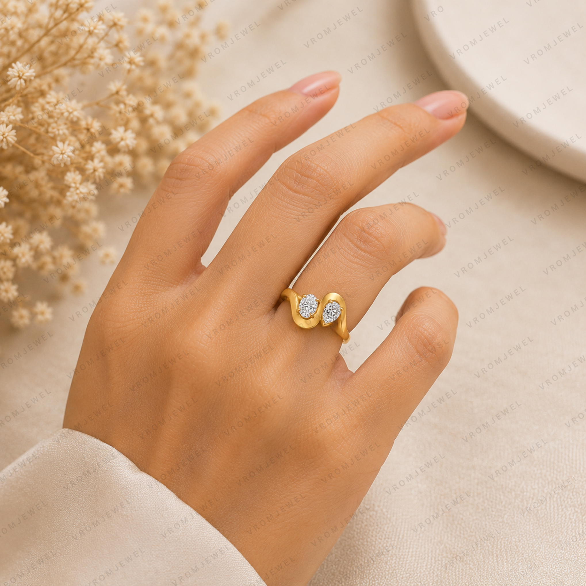 Oval & Pear Lab Grown Diamond Two Stone Bypass Anniversary Ring