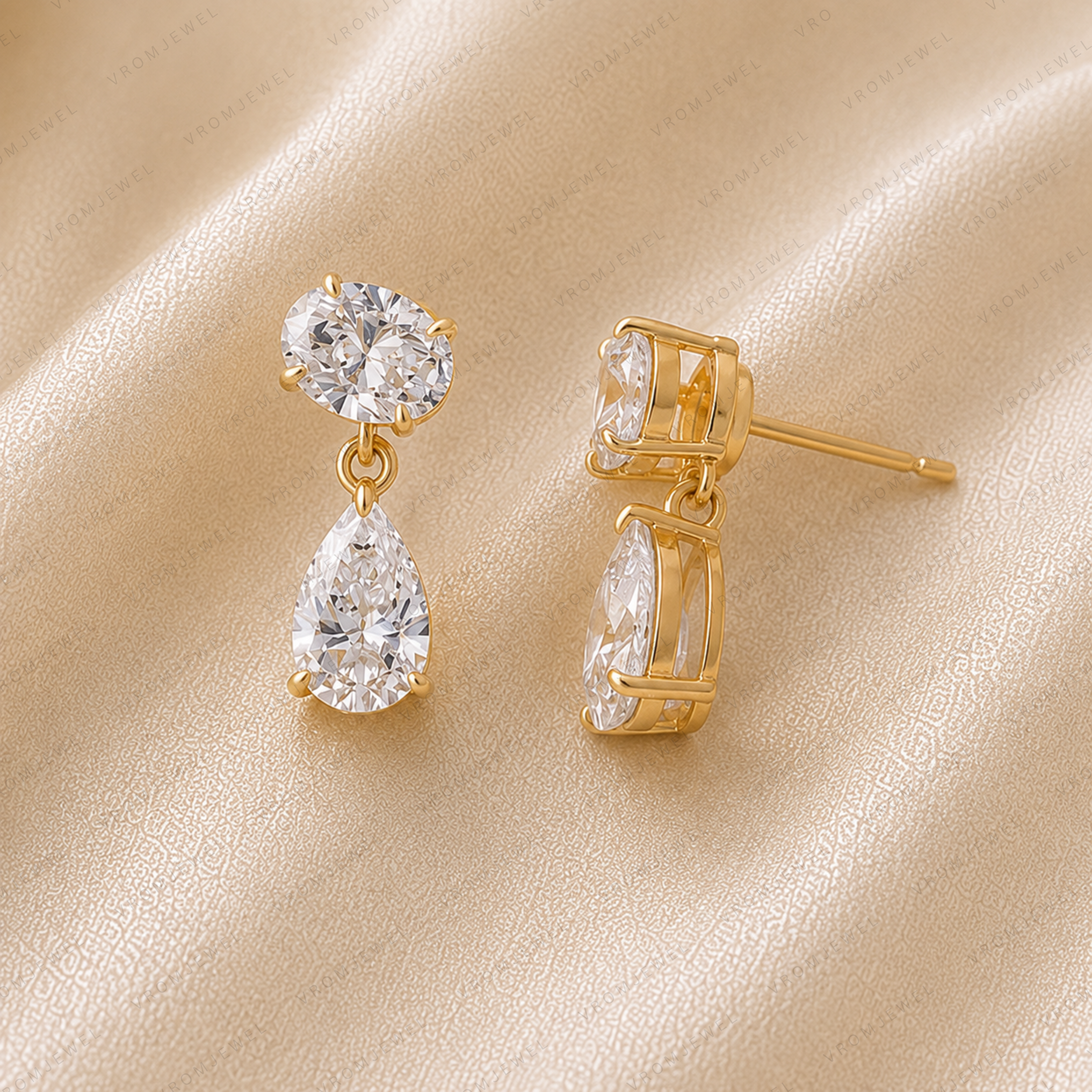 Oval & Pear Cut Lab Grown Diamond Two Stone Earrings in Solid 14K Gold