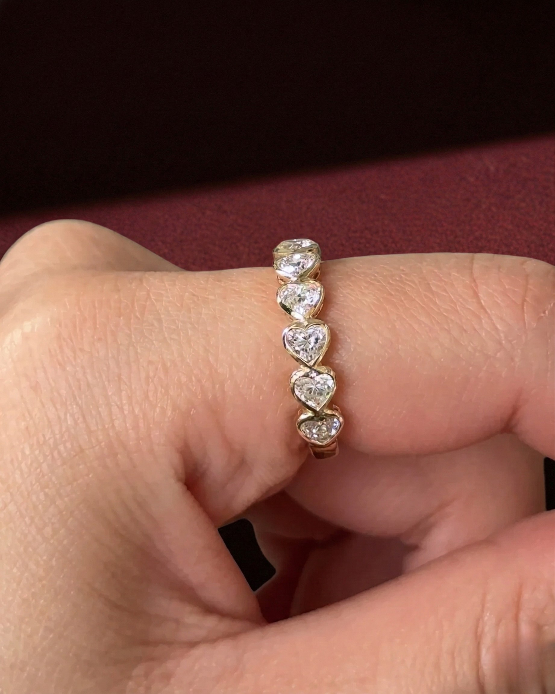 Heart Shape Diamond Half Eternity Band, Bezel Set Heart Diamond Wedding Band, Heart Diamond Anniversary Ring, Stackable Diamond Band.