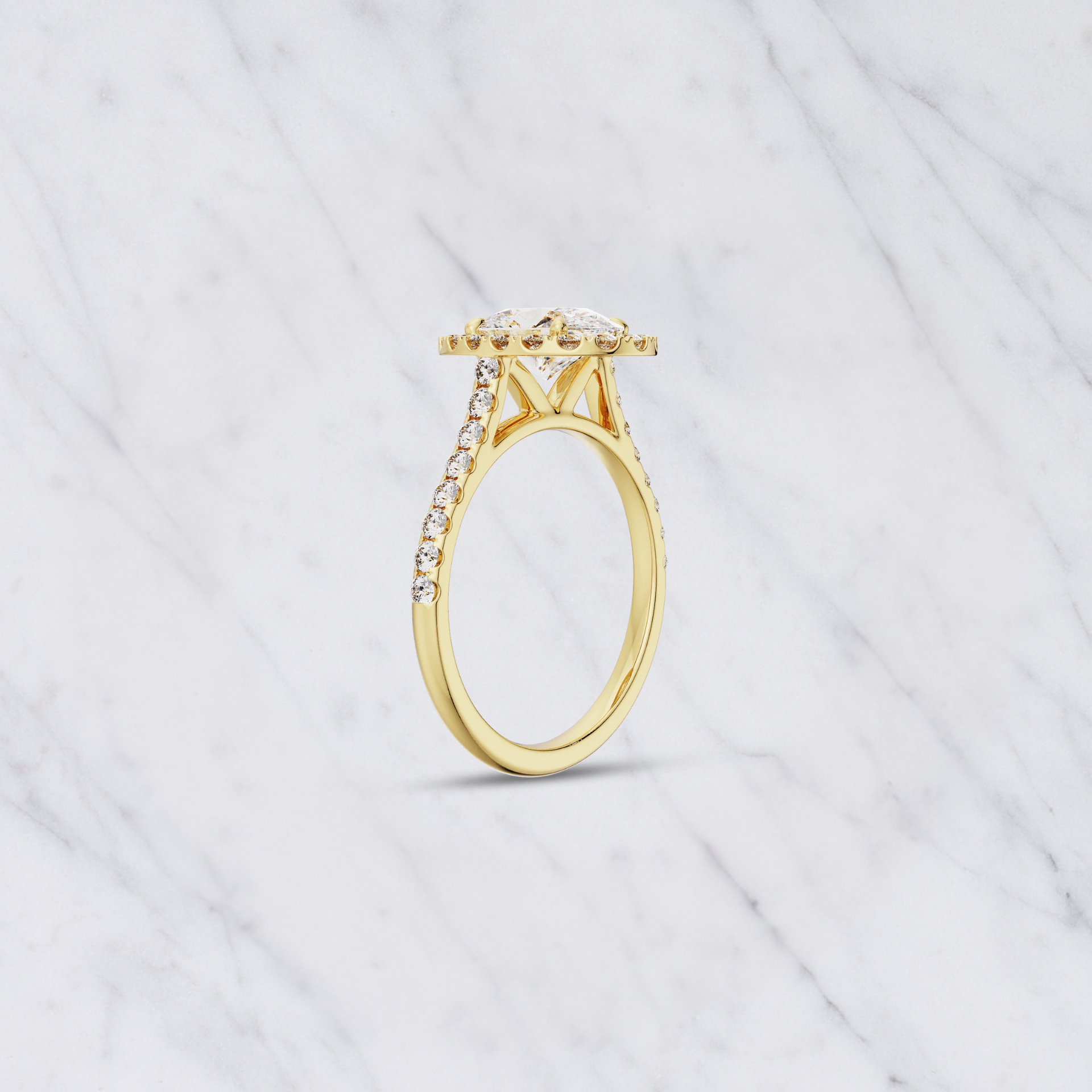 Oval Shape Lab Grown Diamond Halo Engagement Ring with Side Stones in Solid 14K Gold