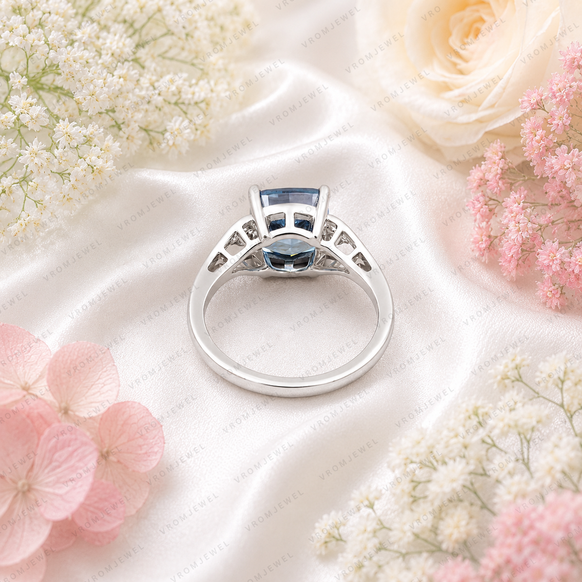Blue Cushion Cut Lab Grown Diamond Ring, 3 Carat Blue Diamond Engagement Ring, Round Diamond Accents, Unique Statement Ring, 10K 14K 18KGold