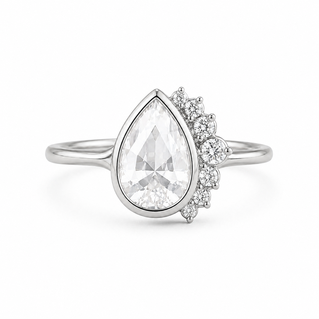 Pear Shape Rose Cut Lab Grown Diamond Ring | 1 CT | Nature Inspired Design | Bezel Setting with Graduated Accents | 14K Gold