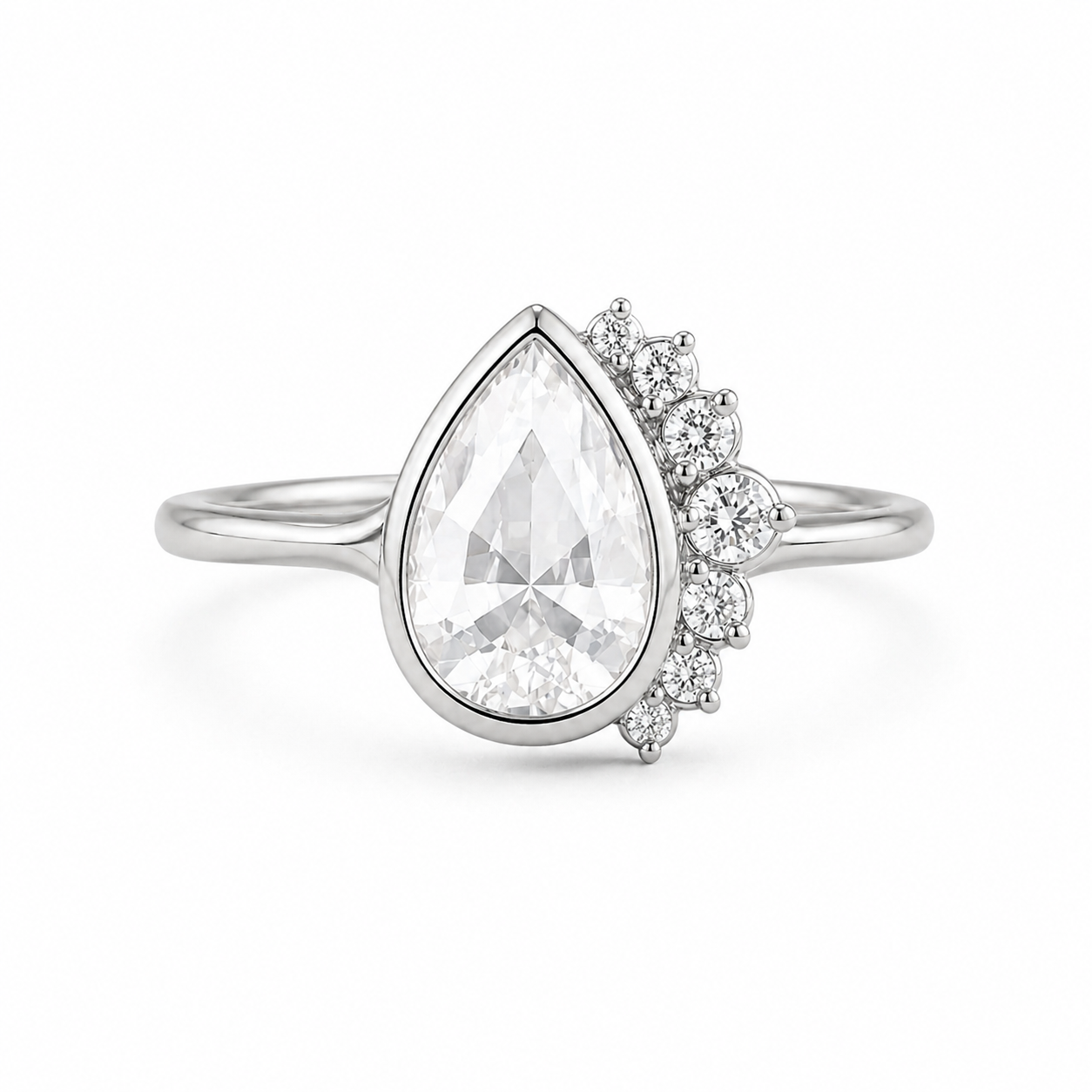 Pear Shape Rose Cut Lab Grown Diamond Ring | 1 CT | Nature Inspired Design | Bezel Setting with Graduated Accents | 14K Gold