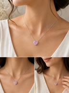 Pink Heart Lab Grown Diamond Necklace, Heart Halo Pendant Necklace, Pink Diamond Necklace, Solid Gold Heart Necklace, Romantic Gift for Her