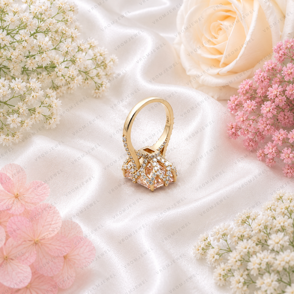 Pink Radiant Lab Grown Diamond Halo Engagement Ring, Pavé Diamond Band, Pink Diamond Ring, 10K 14K 18K Gold