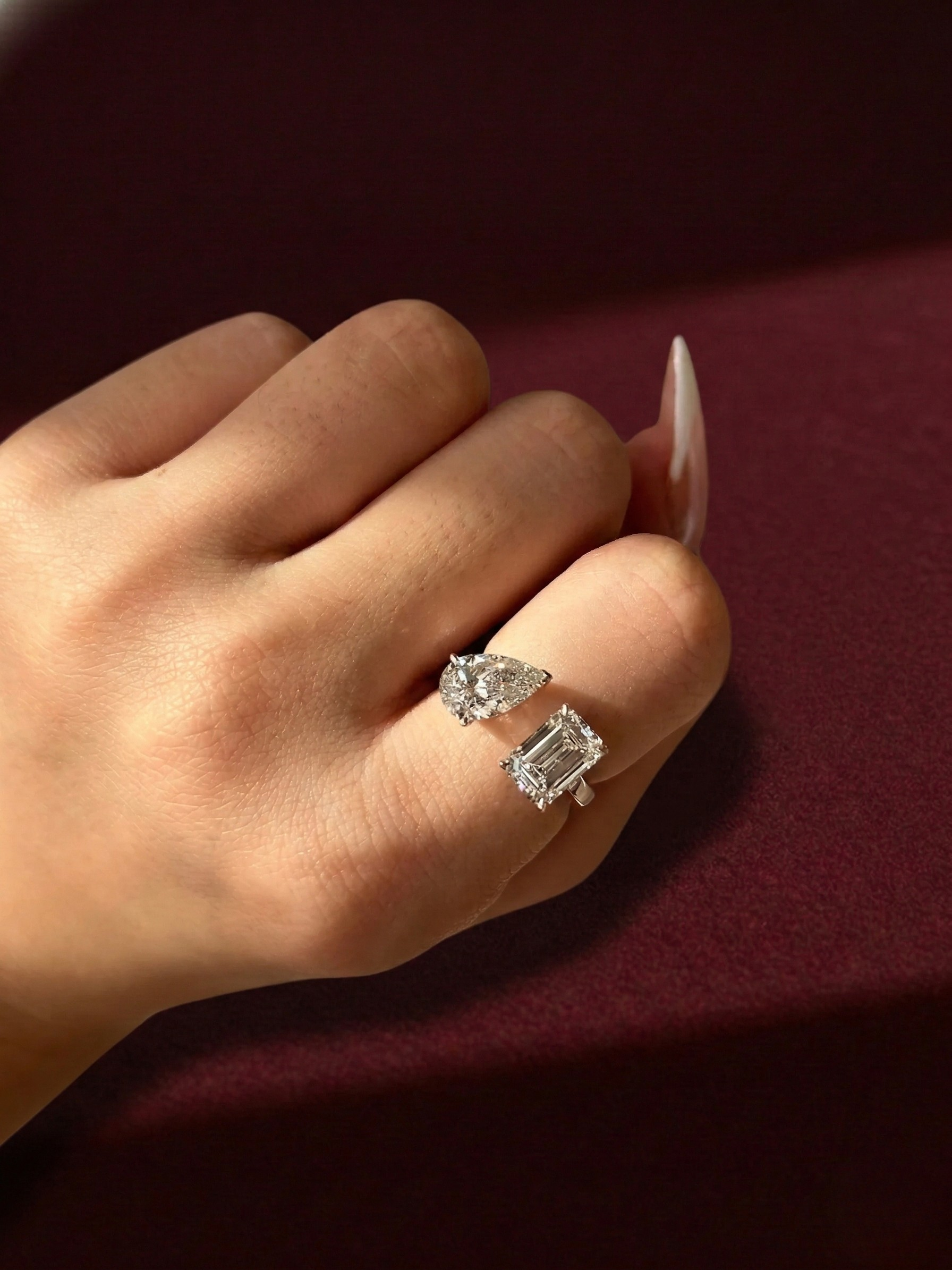 Pear & Emerald Lab Grown Diamond Toi et Moi Ring, Two Stone Diamond Engagement Ring, Pear Emerald Diamond Ring, Unique Engagement Ring