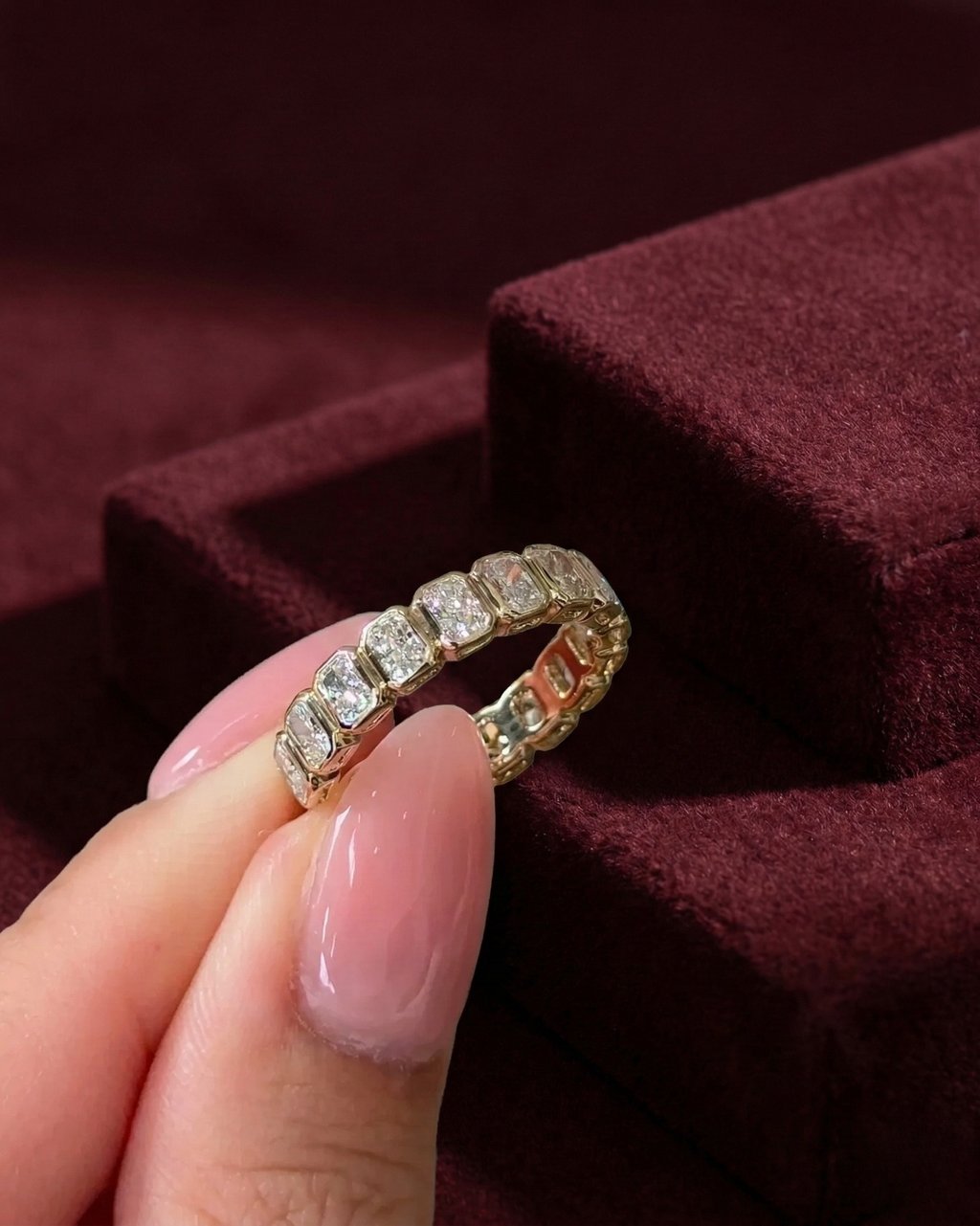 Radiant Diamond Half Eternity Band, Bezel Set Radiant Cut Diamond Wedding Band, Radiant Diamond Anniversary Ring, Stackable Diamond Band.